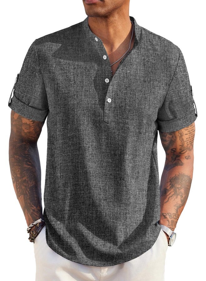 COOFANDY Men's Casual Henley Shirt Short Sleeve Band Collar Linen Shirt Summer Beach Hippie T-Shirts Dark Gray - Image 1